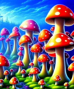 A small and colourful mushroom town in the middle of a large mushroom forest