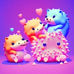 isometric clean art of two super cute baby kawaii style hedgehogs in love, soft lighting, soft pastel gradients, high definition, 3d icon clay render, blender 3d