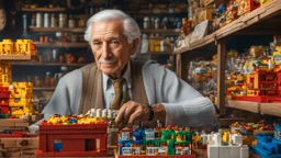 elderly male market trader selling Lego, showing his head and upper body, perfect eyes, perfect anatomy, exquisite composition, beautiful detailed intricate detailed octane render, 8k artistic photography, photorealistic, soft natural volumetric cinematic perfect light, chiaroscuro, award-winning photograph, masterpiece, raphael, caravaggio, bouguereau