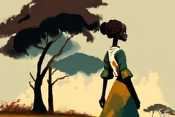 Design, African woman, oil painting, featureless, graphic, drawing without facial features, background, sky, trees, traditional clothes, cartoon, looking left