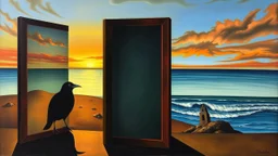 A surreal painting by Salvador Dali featuring a dark bird peeking through a folding screen, with a dreamy sunset and ocean scene reflected in the screen.