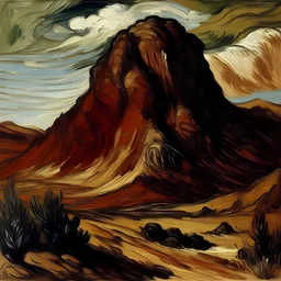 A brown mountain near canyons painted by Vincent van Gogh