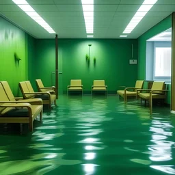Salle d'attente, hôpital, chaises vert espastel, et bois, sous l'eau