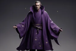 Его фирменный стиль — пурпурная мантия, богато украшенная звездами и символами, но часто запачканная сажей, пятнами от зелий или порванная после очередного взрыва. Под ней — более простые одежды темных тонов.