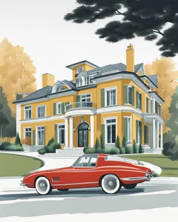 Architectural drawing of a luxurious modern country house, trees, people and cars, complementary colors