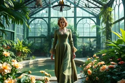 Victorian green open house overtaken by jungle,with smal natural pool in center exotic birds nesting in iron rafters, morning mist, lost paradise atmosphere,a pretty model lady in victorian clothing walking in flowers to camera that capture closeup full body shot of her majesty.