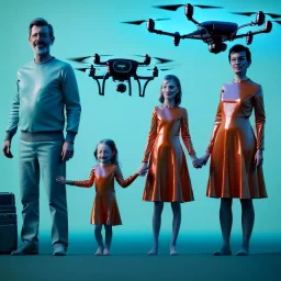 Ultra Realistic classic family portrait, living room. father. mother. daughter. alien pet. Little flying drone. retro futuristic, minimal style, latex dress. smile, happy. highly detailed, concept art, unreal engine 5, ray tracing, RTX, lumen lighting, ultra detail, volumetric lighting, 3d, finely drawn, high definition, high resolution.