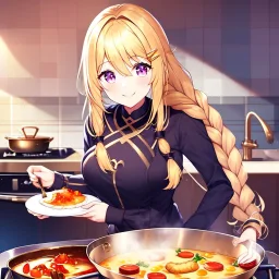 girl, masterpiece, best quality, volumetric lighting, detailed outfit, perfect eyes, golden hair, long hair, purple eyes, braided ponytail, smile, cooking, food, hairclip,