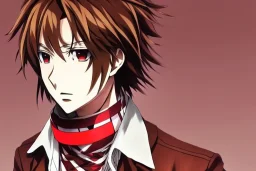 Detailed pretty anime boy, brown hair with blonde strips, keep head in frame, headshot, glaring, brown eyes, covered in bandages, looking serious, illustration, digital painting, only one character, color scheme red, wearing many bandages, Osamu Dazai inspired, anime inspired, manga, dazai, red hair, Chuuya, pretty, scruffy, angry, brooding, manga inspired, small nose, long lower eyelashes, handsome, widows peak, headshot, glaring, cute, wearing a bandage on neck, small nose, scruffy hair