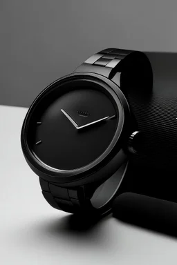 : Generate an image of a sleek, all-black ceramic watch displayed against a minimalist backdrop, showcasing its elegant design.