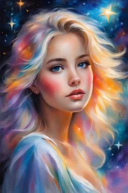 Masterpiece, best quality, oil pastel style, oil pastel painting, beautiful lovely eyes, cute, full body view, painted by Willem Haenraets, very detailed, high quality, 4k. Cute girl looks at the stars glowing, bright light hair, beautiful lovely eyes, beautiful night sky and glowing, she has enough strong imagination, fantasy and colorful world, vibrant colors.