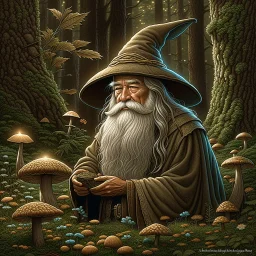 Gandalf, painted, digital painting, 24k, high resolution, highly detailed, cozy, forest with leafs, mushrooms and flowers, smooth, art by JOHN STEPHENS