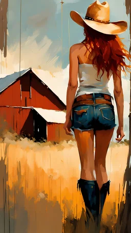 Redhead girl in a halter top and jean and a cowboy hat standing in the doorway of a hay barn :: digital matt painting with rough paint strokes by Jeremy Mann + Carne Griffiths + Leonid Afremov, black canvas