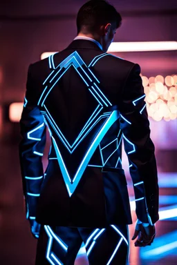 cyberpunk, neon blue, triangle of light behind the back, cyber suit, geometric patterns on a suit, male