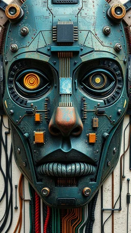 Bosch style painting , A robot face in details . The texture of the face is a collage of many peace’s of 3D electronic chips , 3D transistors , wires and 3D buttons parts
