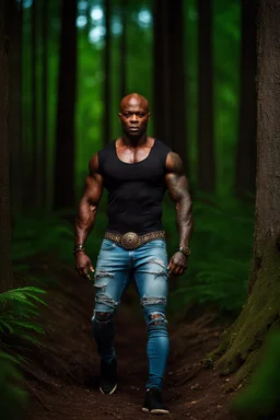 Alimi Ballard Very muscular man bald with tribal tattoos wearing jeans and a teeshirt, fantasy, forest backdrop