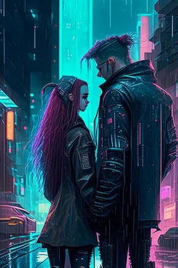 Science fiction, cyberpunk, city street, couple girl and guy, together, love, rain