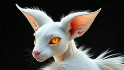 white stylish with textured ears with tufted tips and a subtle pink interior, long and white, sharp jawline and high cheekbones, piercing yellow deep galaxies bright glowing aura with vertical pupils and a golden ring around the iris, soft and white fur trim on shoulders that's longest at the back, intricate subtle and shimmering silver scales on arms