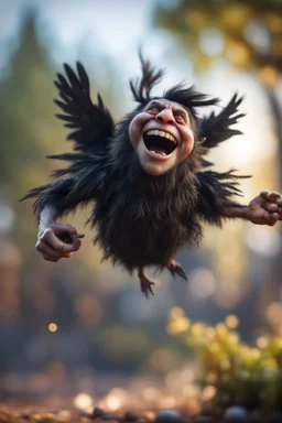 twig troll catching holding crow upside down laughing,bokeh like f/0.8, tilt-shift lens 8k, high detail, smooth render, down-light, unreal engine, prize winning