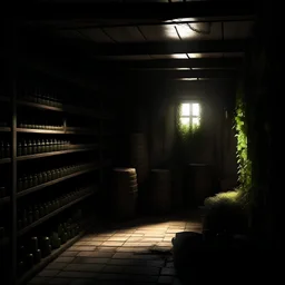 Generate an AI art prompt for a sinister cellar in upper New York State: The dimly lit cellar, illuminated by a feeble 40-watt bulb, casts long shadows that dance menacingly across the walls. Sinister vines entwine around shelves stacked with gardening supplies, shrouded in darkness. The faint light barely penetrates the gloom, adding to the sense of foreboding and danger lurking within.
