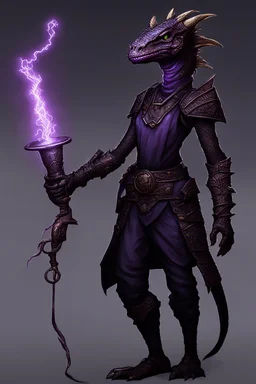 a black and purple, female argonian artificer who uses Tesla coils as weapons, skinny, lightly armored