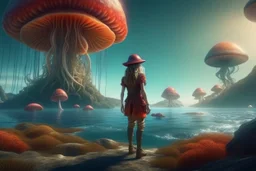 woman standing on the shores of an alien world, with mushrooms with jellyfish tentacles, floating in the air, photorealistic, Detailed Matte Painting, Deep Colour, Fantastical, Intricate Detail, sunshine