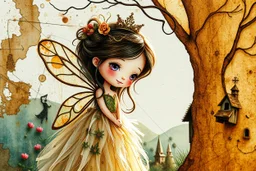 double exposure, merged layers, golden patina, corrosion, topographic lines, needle felt mohair cute chibi fairy princess, fairy village, watercolor and charcoal S<AI in sunshine