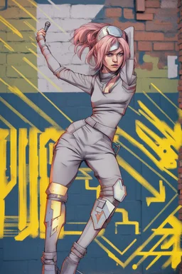 teen woman in retro-futurist cyberpunk costuming with pants and sheathed swords leaning to the side with shoulder against a brick pillar, background is brick with graffiti of a large arrow pointing to the right and text of the word "PUB" on lower left