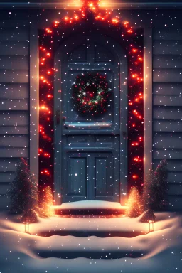 Happy New Year and Christmas inspiration, door decorated with christmas lights , 8k , cinematic