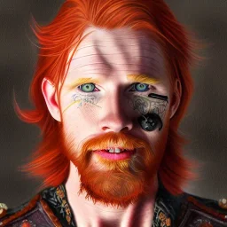 Portrait of Courtney Gains as a ruggedly handsome but joyful roguish pirate, charismatic, attractive male, masculine, perfect, precisely detailed, lightly freckled face, meticulously detailed multi-hued ginger carrot colored cherry fire red hair; Malachai of the corn; fantasy, intricate, elegant, highly detailed, digital painting, artstation, concept art, matte, sharp focus, illustration, art by artgerm and greg rutkowski and alphonse mucha