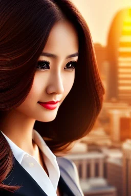 Young business woman, dark orange eyes, dark brown hair, elegant hair, thin lips, gold hoop earrings, waist up portrait, 8k resolution, intricate details, ornate details, soft lighting, vibrant colors, retroanime, masterpiece, realistic, intricate eyeliner, dark eyeshadow, eyes,futuristic cityscape background