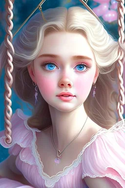 A very beautiful princess with a round face, wide blue eyes, a thin nose, a luminous face, and clear skin. She wears light pink makeup. She rides the swing and her hair flies.