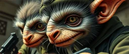 airbrush and pen outline, french art , extreme close up on cheeky fluffy weasel hairy goblin military prison guard troupe news anchor elf family scumbag in the style of Escher and Giger and Fallout 4, pinhole cam, airbrush 3d rendering, in the style of Titian and Rembrandt