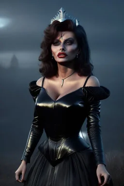 young sophia loren as evil queen in black leather, angry, stern look, volumetric lighting, particales,highly detailed,cinematic, deep colours,8