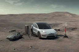 A Tesla 'Model S' is parked, at the lunar landing site of the 'Apollo 11'. (CINEMATIC, WIDE ANGLE LENS, PHOTO REAL)