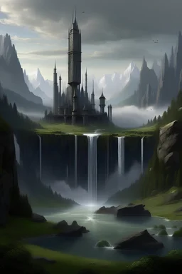 Fantasy city in a lake with 2 tall square black towers on the edge of a dam with a waterfall falling into a chasm below it in the mountains grassy fields in foreground