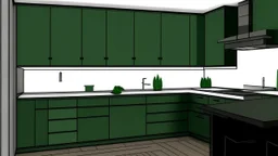 kitchen with dark green furniture, forest wallpaper on a white wall, very realistic