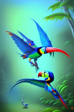 blue spider fight with a toucan, Post-Impressionism, trending on artstation, jungle setting, soft pastel colors, mystical, acrylic paint, mystical,