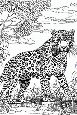 Outline art, Jaguar in the garden, cartoon style, black and white, low detail, no shading, --ar 9:11