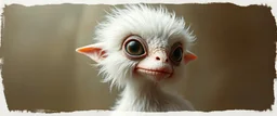 3d airbrush render, white fluffy elf alien dodo , pinhole cam, airbrush 3d rendering, in the style of Titian and Dali , torn edges on border