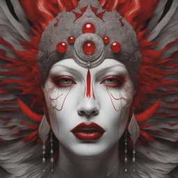 gen insanely detailed symbolism map design macro photography close-up of a stunning albino clowncore woman angel-demon red and black with a beautiful all seeing eye on the forehead, in the spiritual realm, (where vivid red resonates as a flame of vitality, embodying the energy of the soul's journey and the profound connection to the essence of life, the whisper of passion, igniting emotions with its ethereal brushstrokes achieved through SpectralChronicle) disintegrating in movement into a biolu