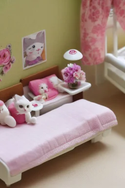 Sylvanian family cat and kitten hospital, hospital furniture, charts on beds, flowers in a vase on a table next to a bed