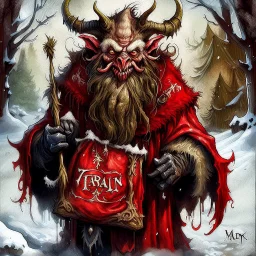 Watercolor oil paint. Medium shot. A Burtonesque Krampus wears a tattered dark red outfit with dingy white fur trim. He looks directly at the viewer holding an empty black Santa sack. Winter background. Caption reads "Krampus commands you to get in the sack." Hyperrealistic splash art concept art. Intricately detailed. Vibrant color depth. Dramatic 2/3 face angle. Side lighting. Colorful background. masterpiece, best quality, 8k, intricate, trending on artstation.