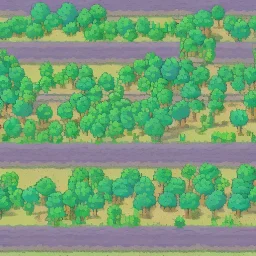 dirt road in the middle of a forest and round same size trees topdown view of a pixel art game