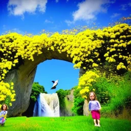 Fleurs jaunes, ciel bleu, portail céleste, cascade, dolmen, oiseaux, enfants souriants , couleur mauve,4k