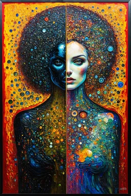 "Dark Goddess Energy" is a contrasting artwork with one half in a mashup of Klimt and Giger and the other a colorful blend inspired by Kandinsky
