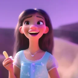 cute, adorable, smileing girl eating ice cream, candies flying all around her, Pixar, disney, cinema lighting, gaming, 8k, magic, love --q 1 --v 4