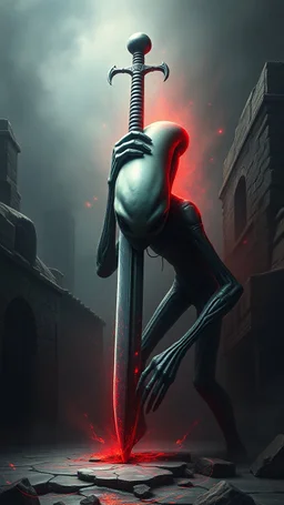 Bosch painting style nightmare in 3D , an Alien with sword background, high Quality picture , 8k