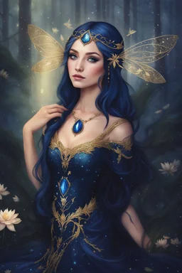 Midnight blue,Dark blue hair,night,dark fairy princess ,elven crown,elven ears,sparkle,glitter,gold armor,dragonflies,rapunzel hair,water lilies