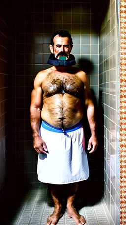 photo of stocky marocan with moustache 40 years old under the shower, hairy chest, big tights, in a old bathroom, misery and poverty, photorealism, 35mm lens, ultra detailed